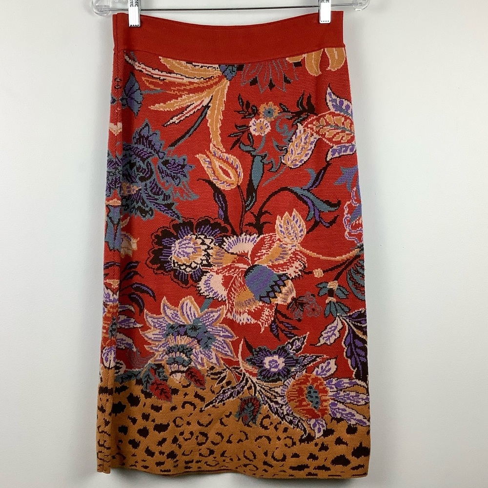 Maeve Anthropologie Floral Leopard Knit Skirt Red